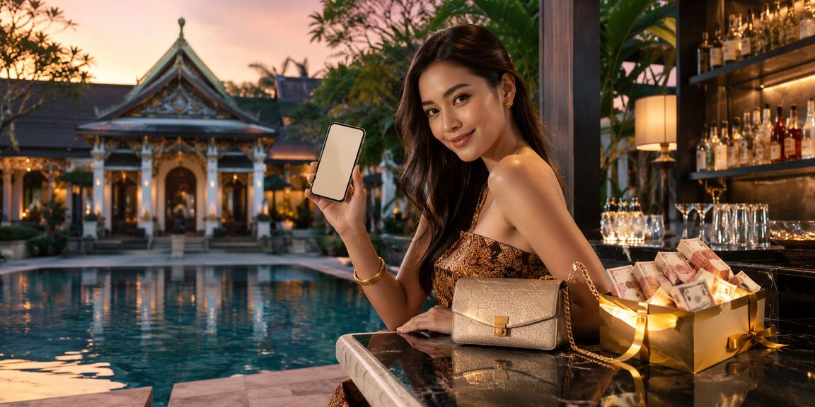 Model wanita Indonesia menggunakan aplikasi casino di smartphone dengan tampilan antarmuka yang bersih