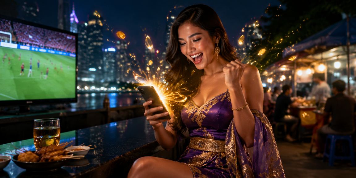 Perempuan muda Indonesia memainkan aplikasi casino di smartphone sambil tersenyum