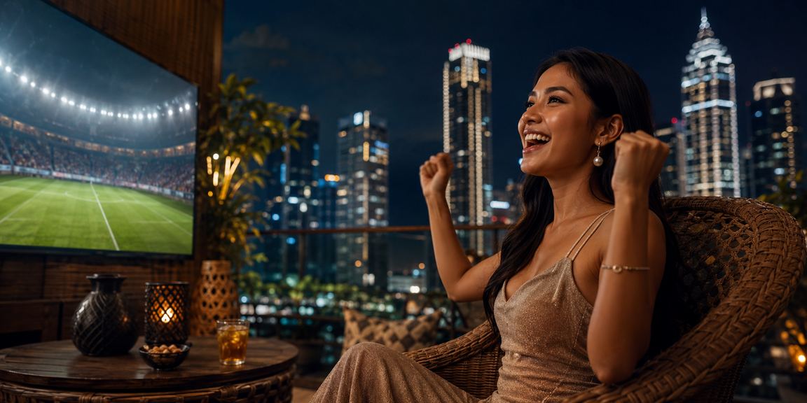 Perempuan Indonesia tersenyum sembari memeriksa hasil taruhan di layar smartphone malam hari