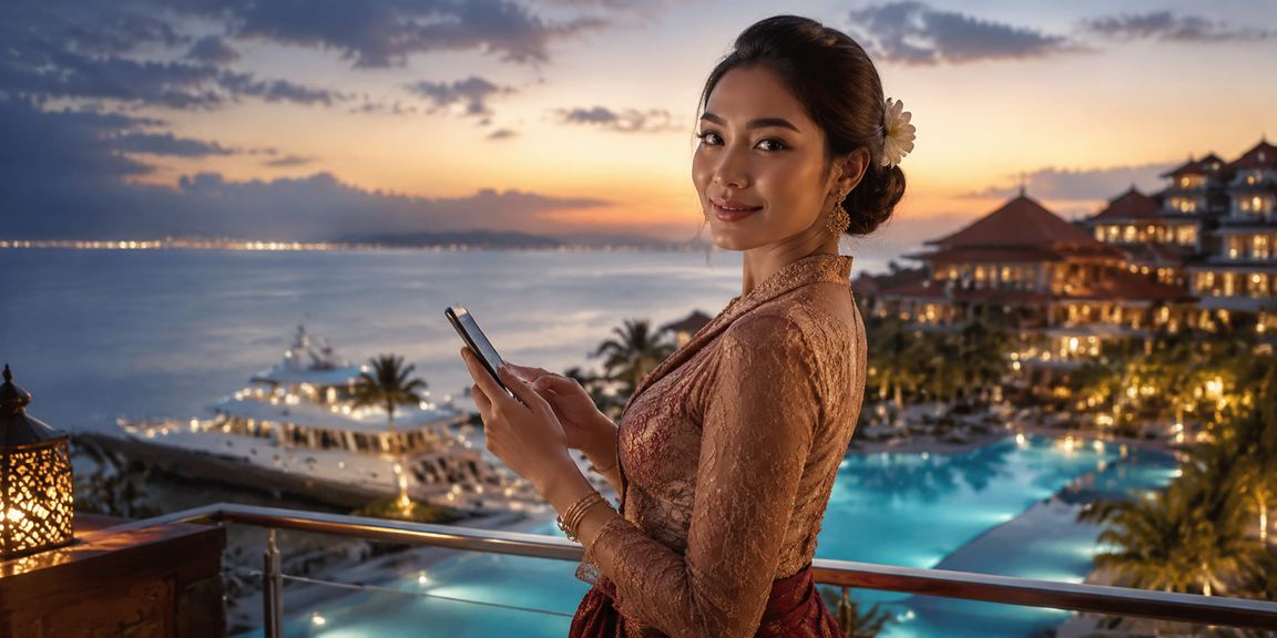 Pria muda Indonesia menggunakan smartphone untuk mengakses platform taruhan online di luar ruangan
