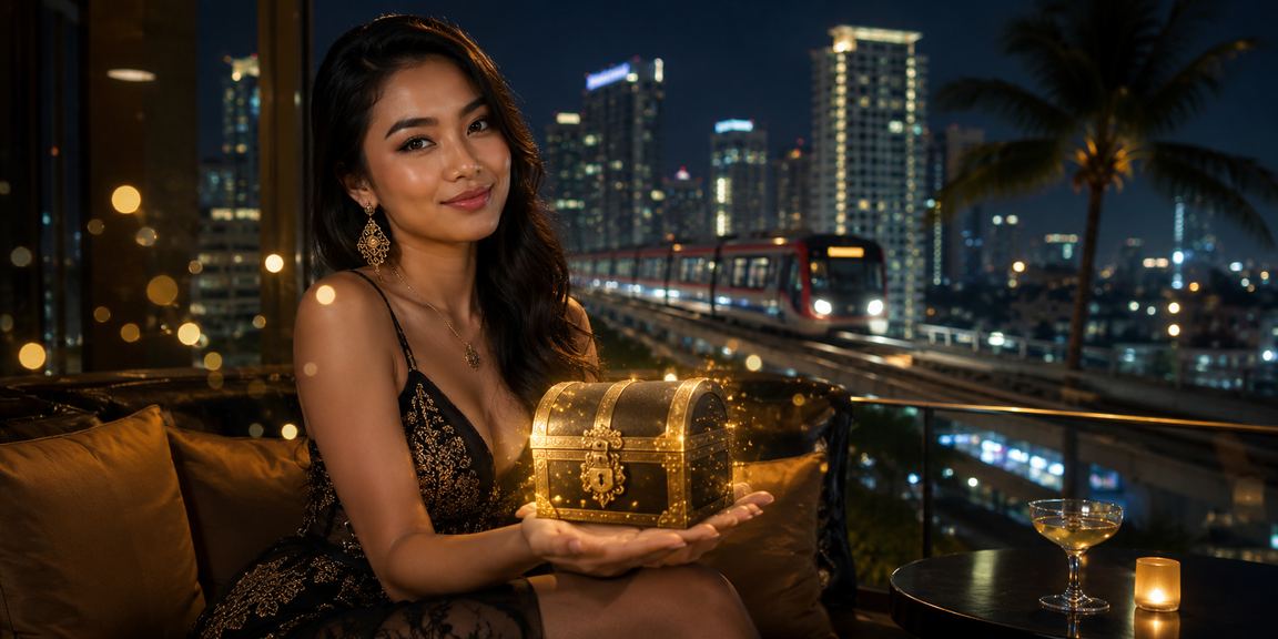 Model wanita Indonesia tersenyum sambil melihat notifikasi bonus deposit di smartphone