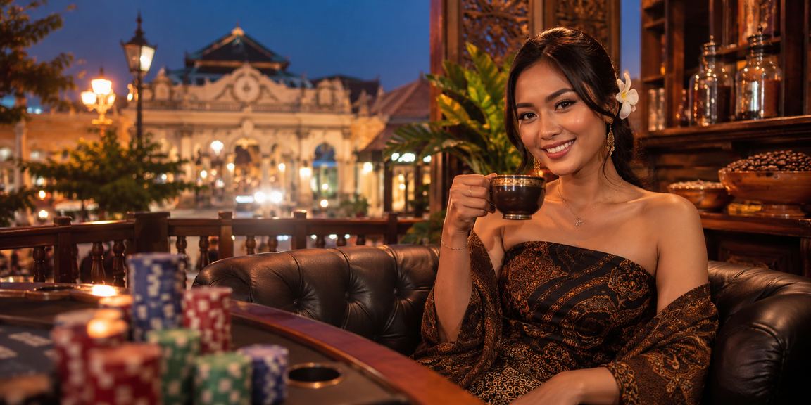 Wanita muda Indonesia menikmati kopi sambil bermain casino di smartphone dengan ekspresi santai dan terkontrol