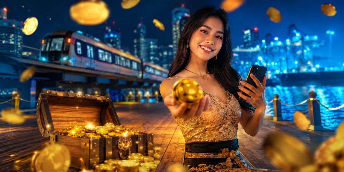 Wanita muda memainkan casino mobile dengan ekspresi gembira di ruangan terang benderang