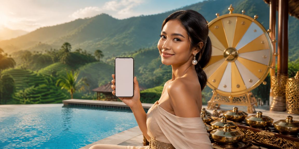 Model wanita cantik berdiri di samping meja roulette dengan tampilan elegan dan percaya diri