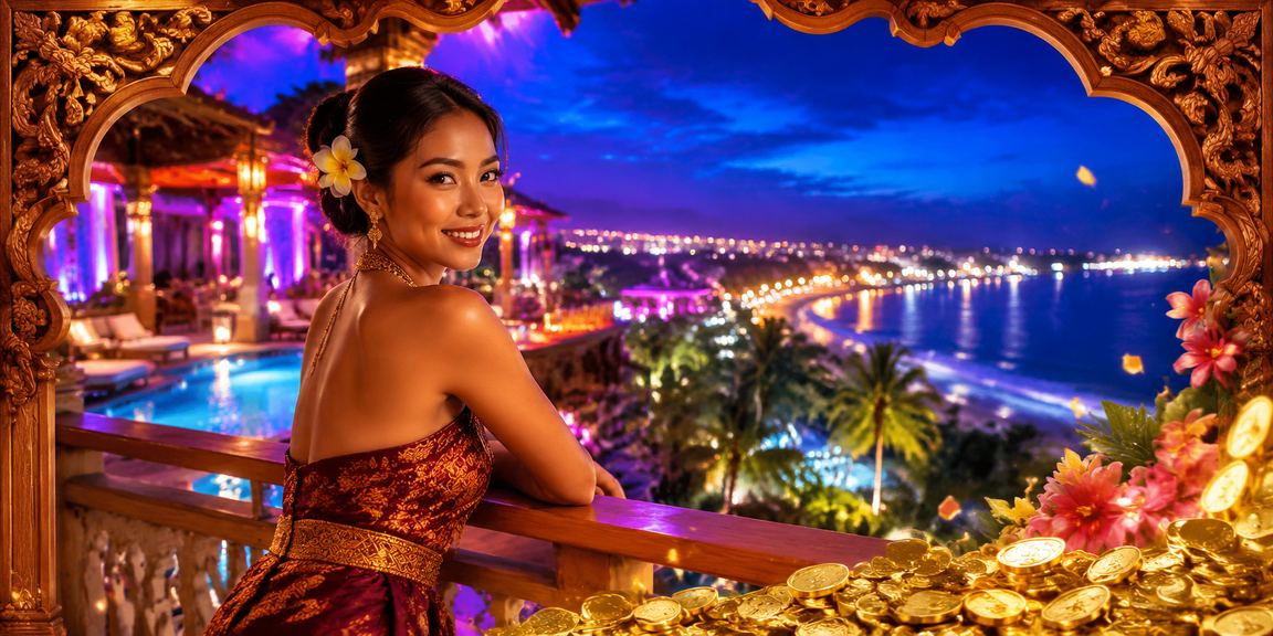 Layar slot game dengan efek neon berwarna-warni yang menampilkan gulungan berputar di malam hari
